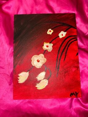 Hand-Painted Red Floral Canvas Art - Cream Blossoms